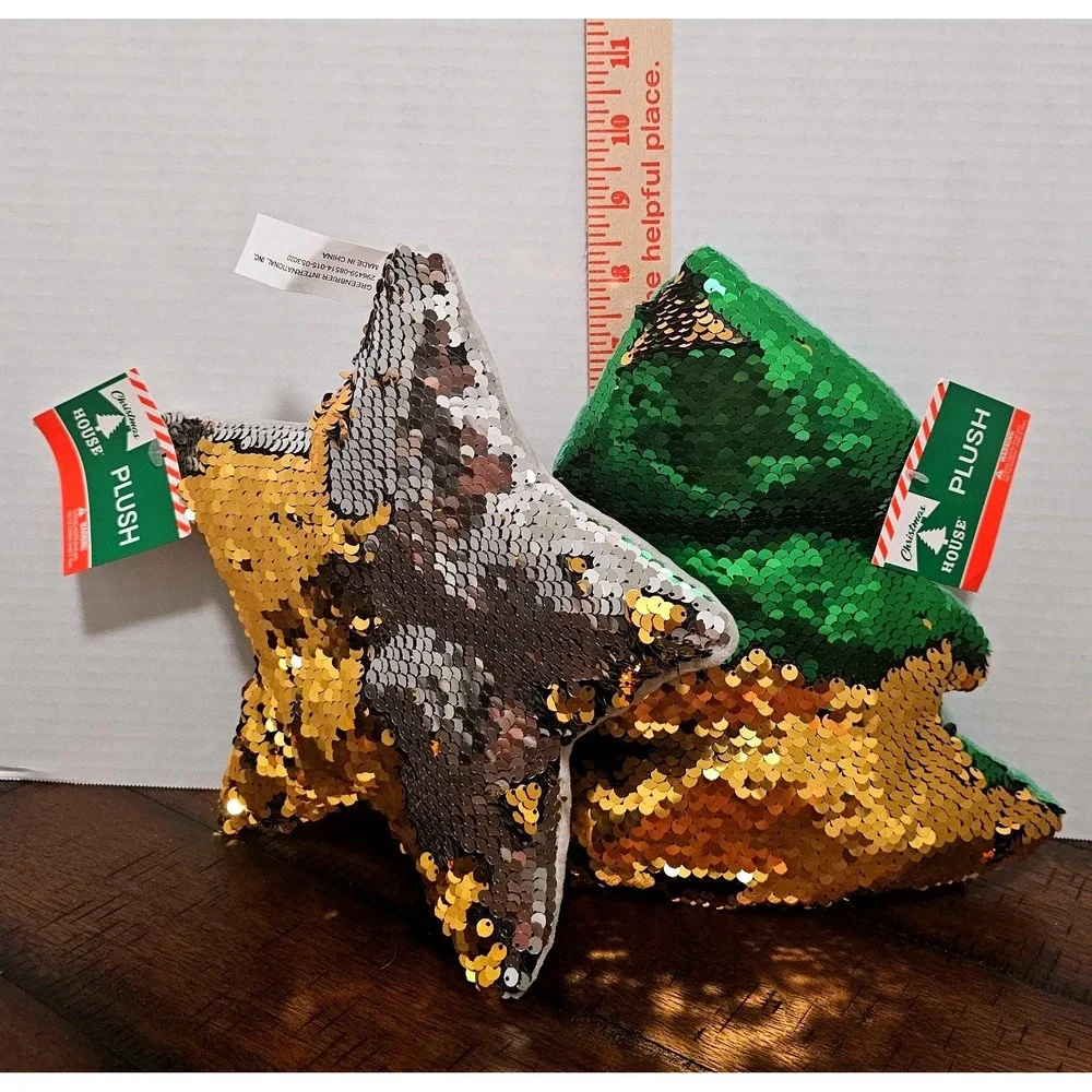 Christmas House Flip Sequin Plush Set Tree and Star Green Gold Silver New